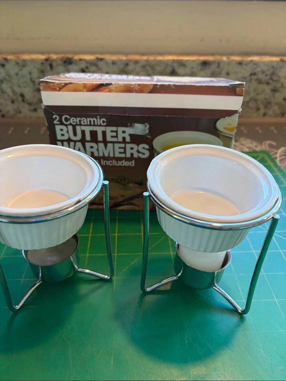 White Ceramic Butter Warmers with Chrome Stands - Set of 2